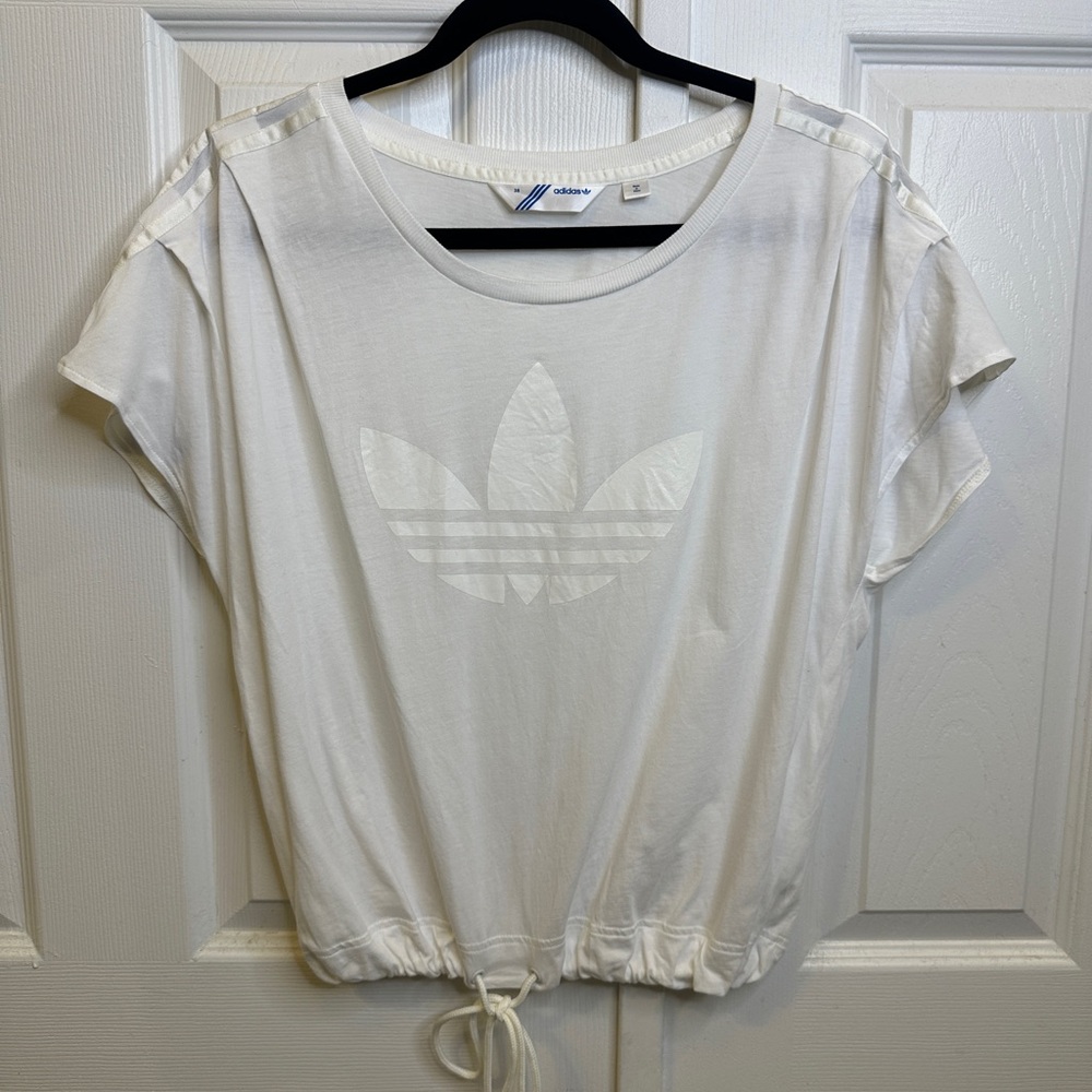 Adidas White Trefoil Cropped Drawstring Tee | Athleisure Top | Size 38 (XS-S)